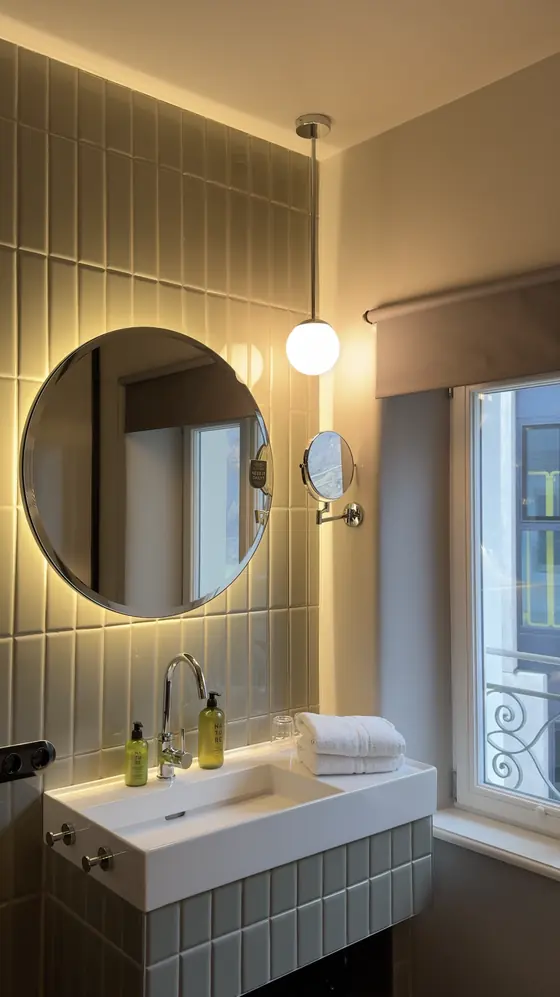 White basin, round illuminated mirror and folded towels beside the bathroom window.