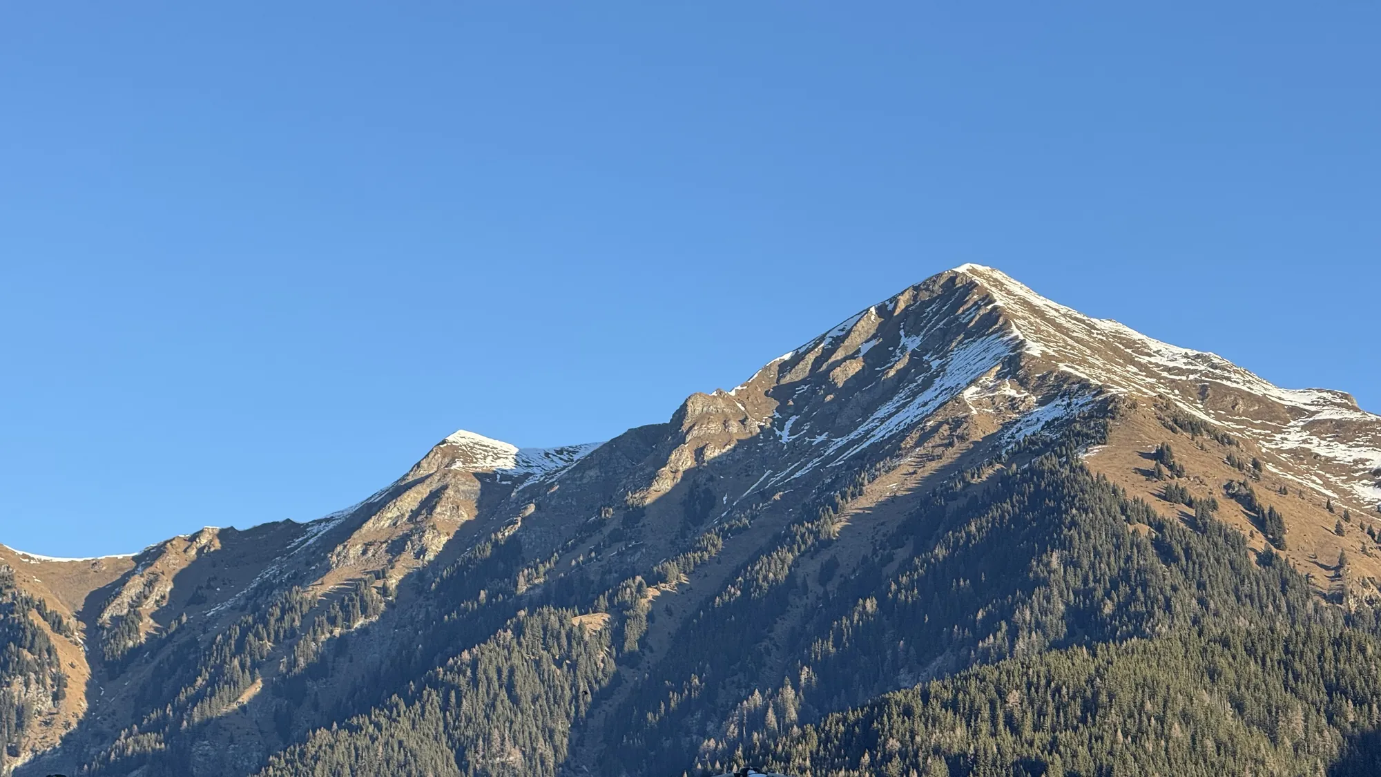 Snow-dusted mountain peaks and forested slopes beneath a clear blue sky.