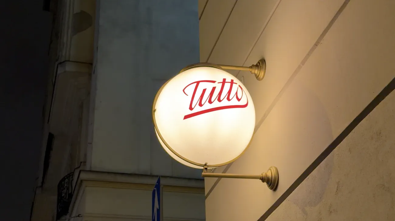 A round illuminated sign reading Tutto on a curved bracket.