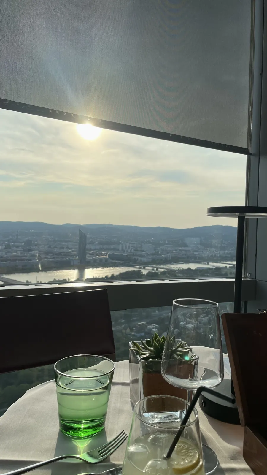 A restaurant table with glasses beside a window overlooking the river and Vienna.