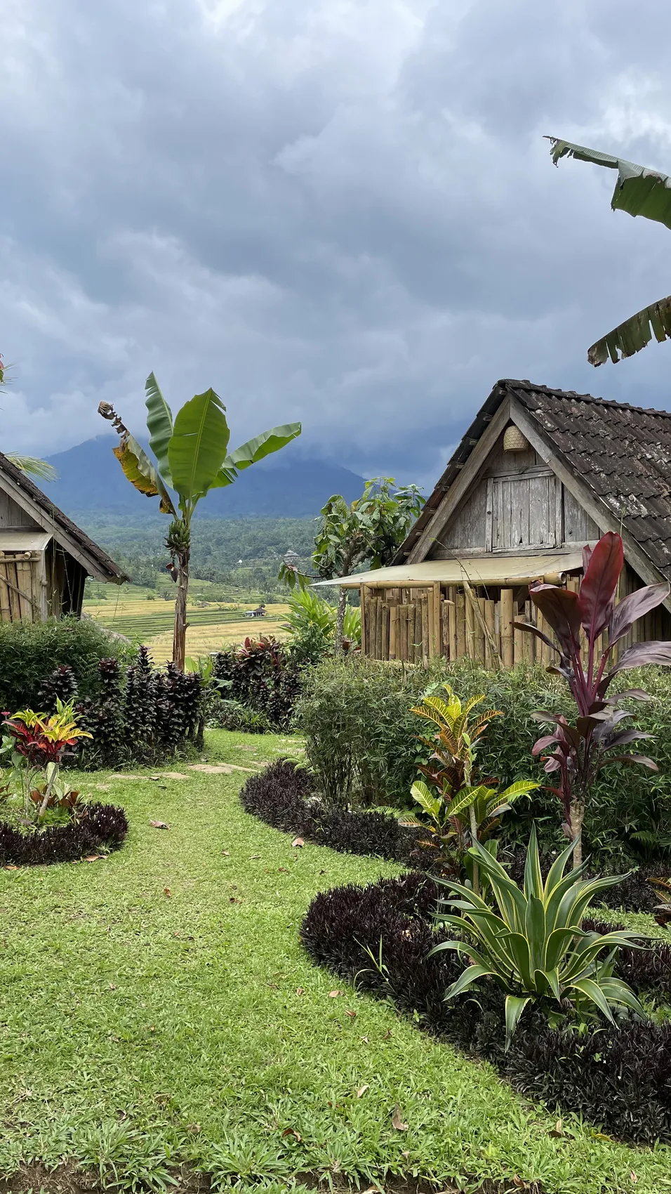 Small wooden huts in a garden with the mountains behind them