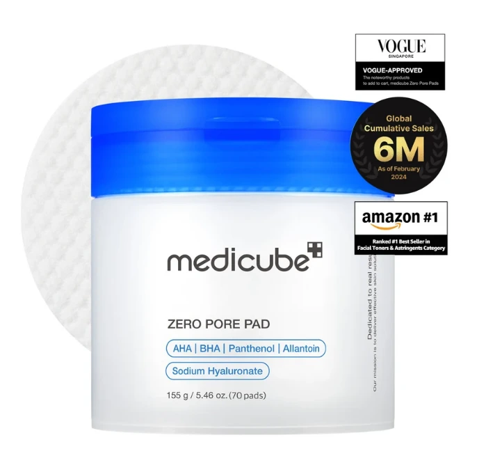 Medicube Zero Pore Pad jar with a textured pad behind it, 70 pads, 155 g.