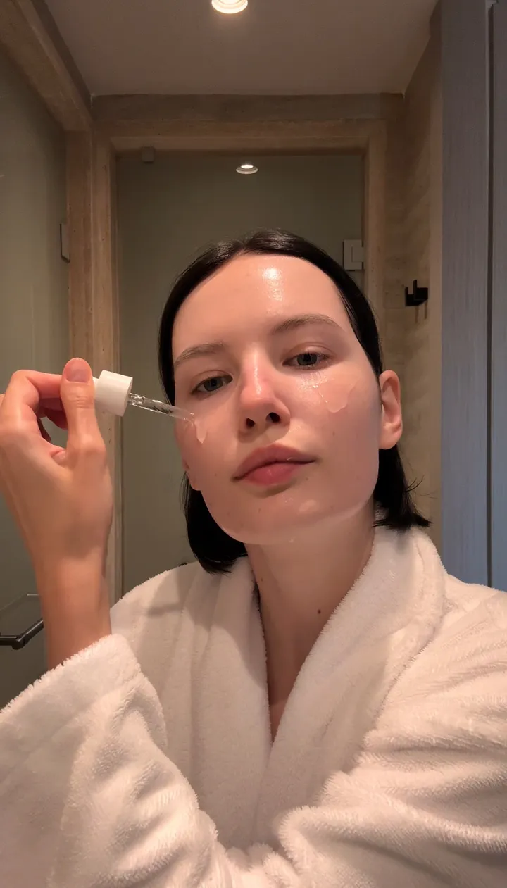 A woman applying a serum to her cheek with a dropper.