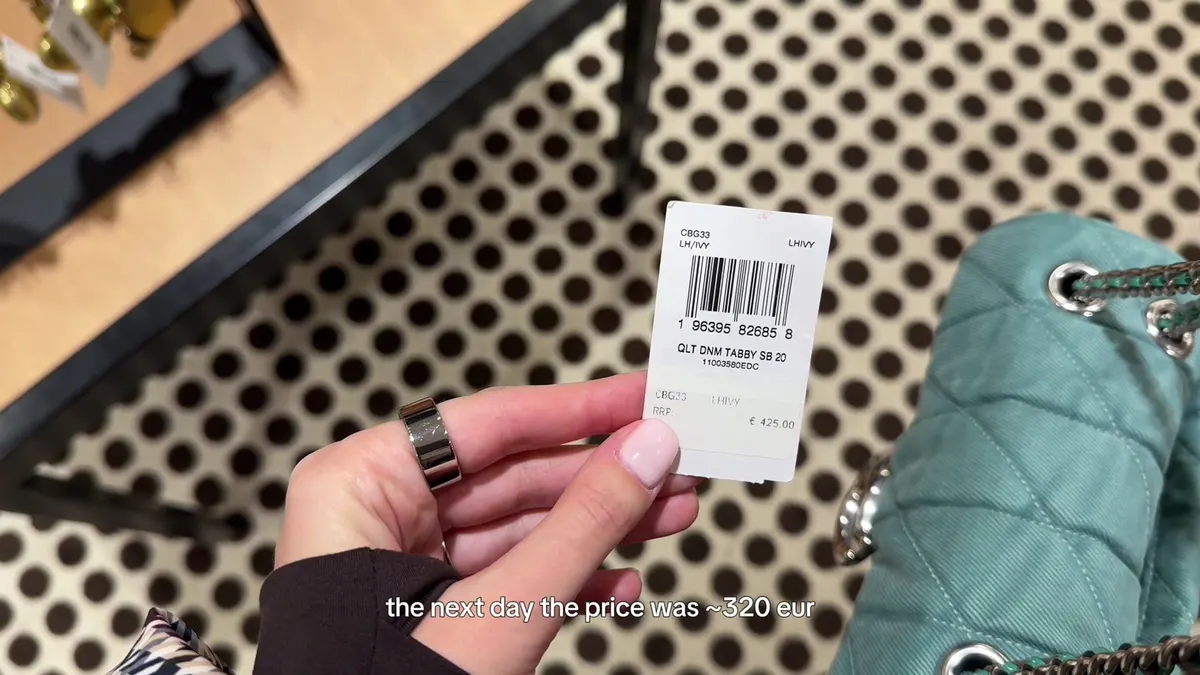 Coach Tabby label showing RRP €425 beside my caption reporting a next-day price of around €320.