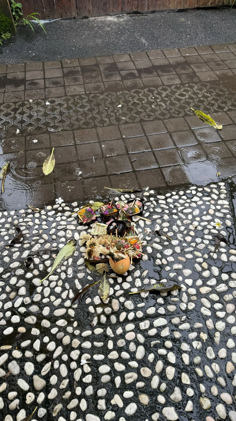 A small offering of flowers and food on a pebble pavement after rain
