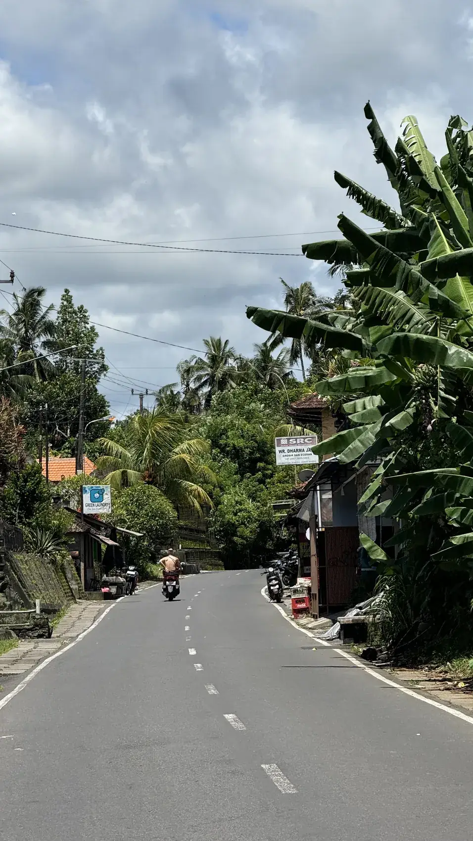 A quiet road curving through green banana trees and houses under a cloudy sky