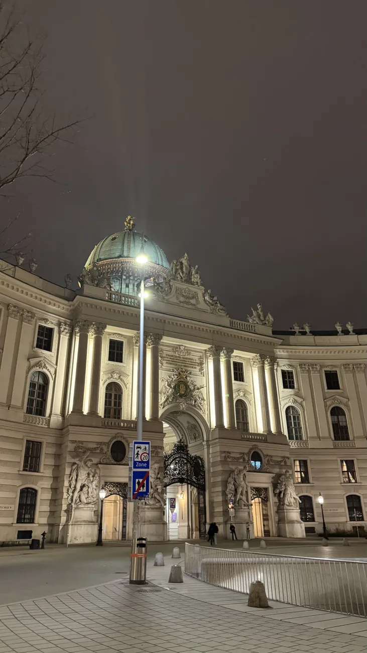 The Hofburg’s green dome and illuminated facade at night.